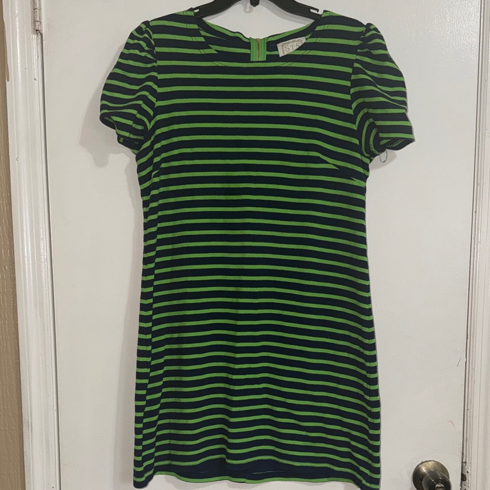 Sail to Sable Blue and Green Striped Short Sleeve Mini Dress